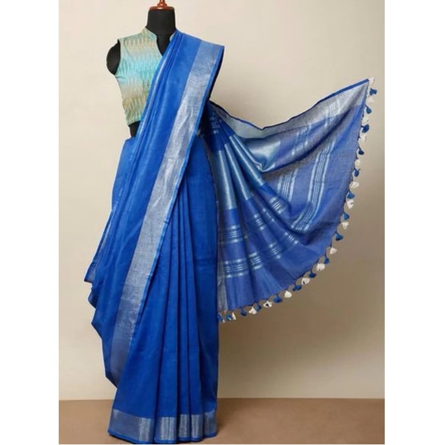 Blue handwoven Pure Linen Saree