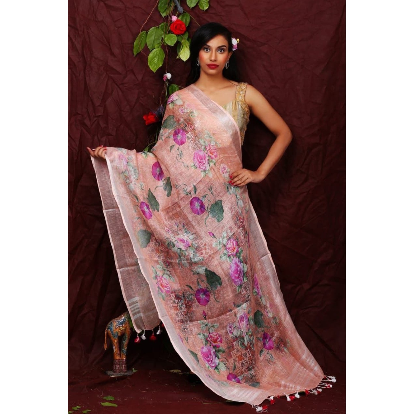Peach Shade Floral Digital Print Linen Dupatta