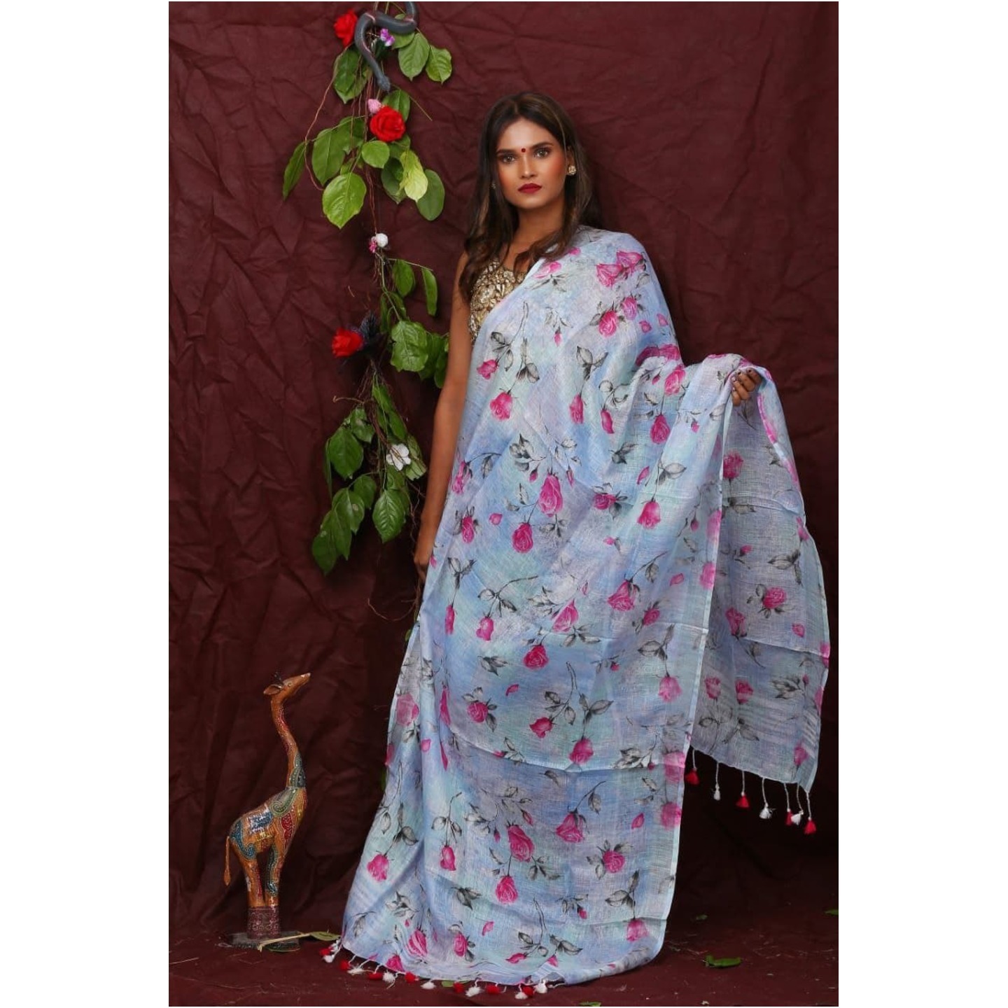 Sky Blue Floral Digital Print Linen Dupatta