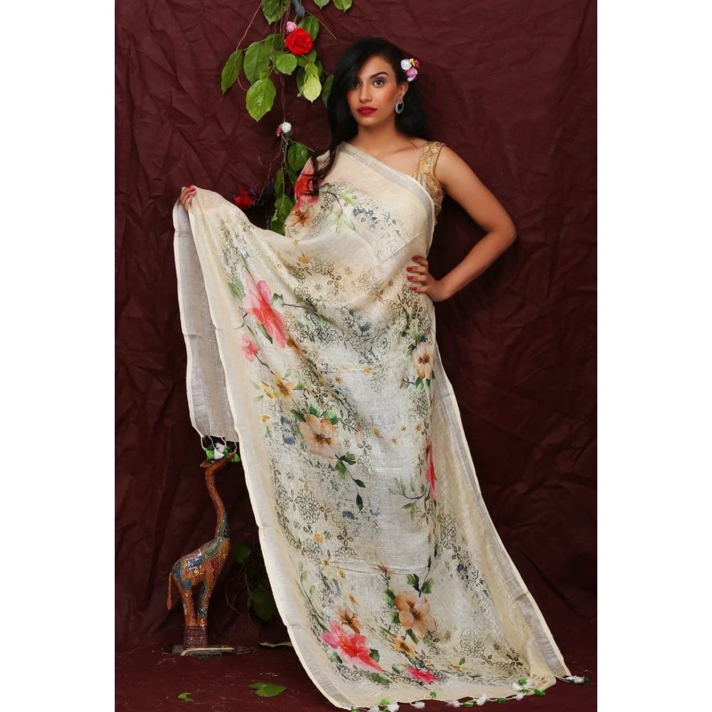 Mint Cream Floral Digital Print Linen Dupatta