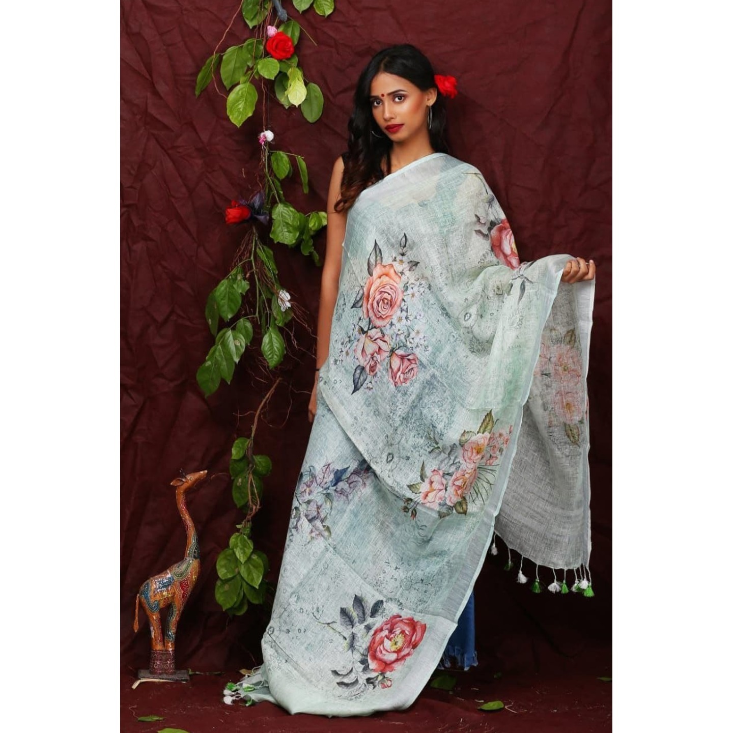 Light Cyan Floral Digital Linen Dupatta
