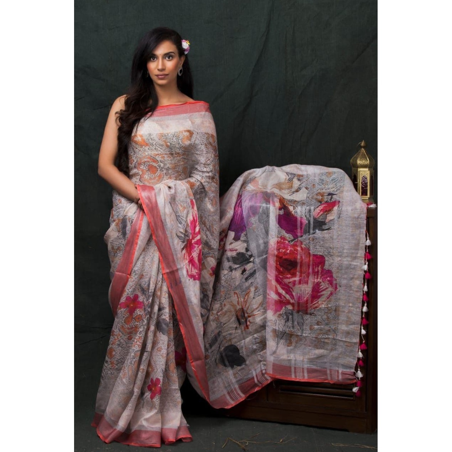 Multicolor Floral Digital Print Linen Saree with Tassels