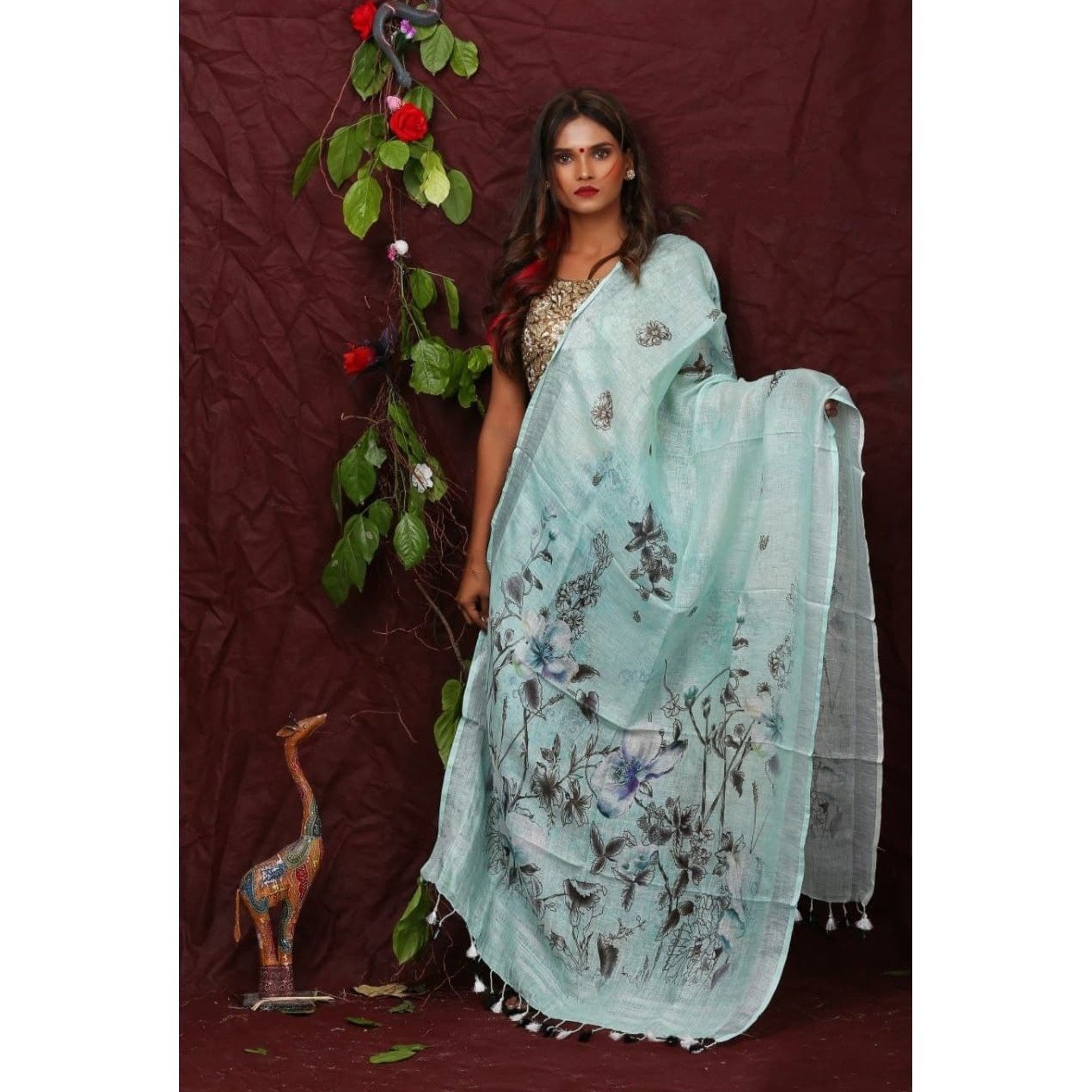 Light Cyan Floral Digital Linen Dupatta with Tassels