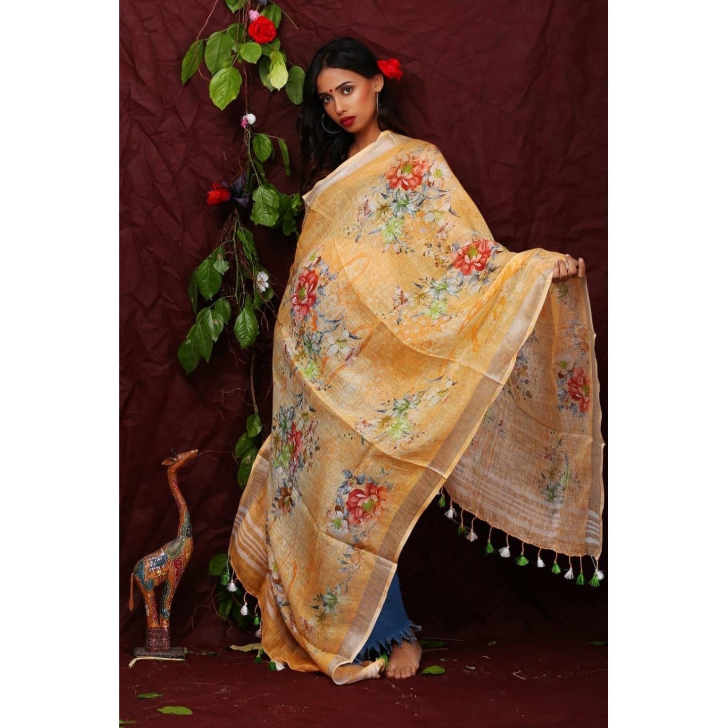 Golden-Road  Floral Digital Print Linen Dupatta 