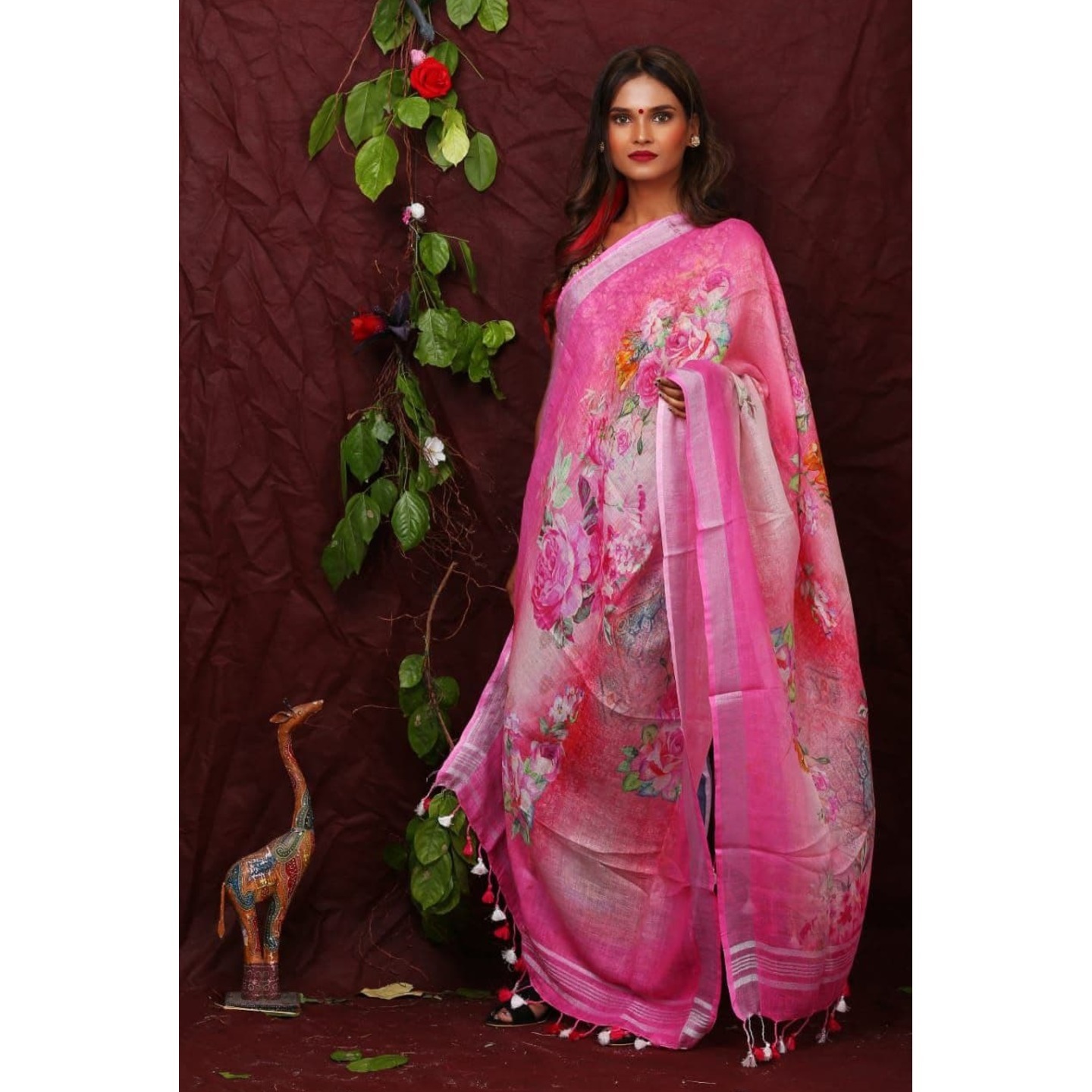 Rose Pink Floral Digital Print Linen Dupatta