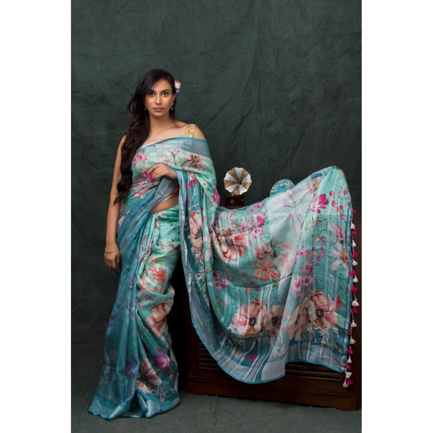 Dark Turquoise Floral Digital Print Linen Saree