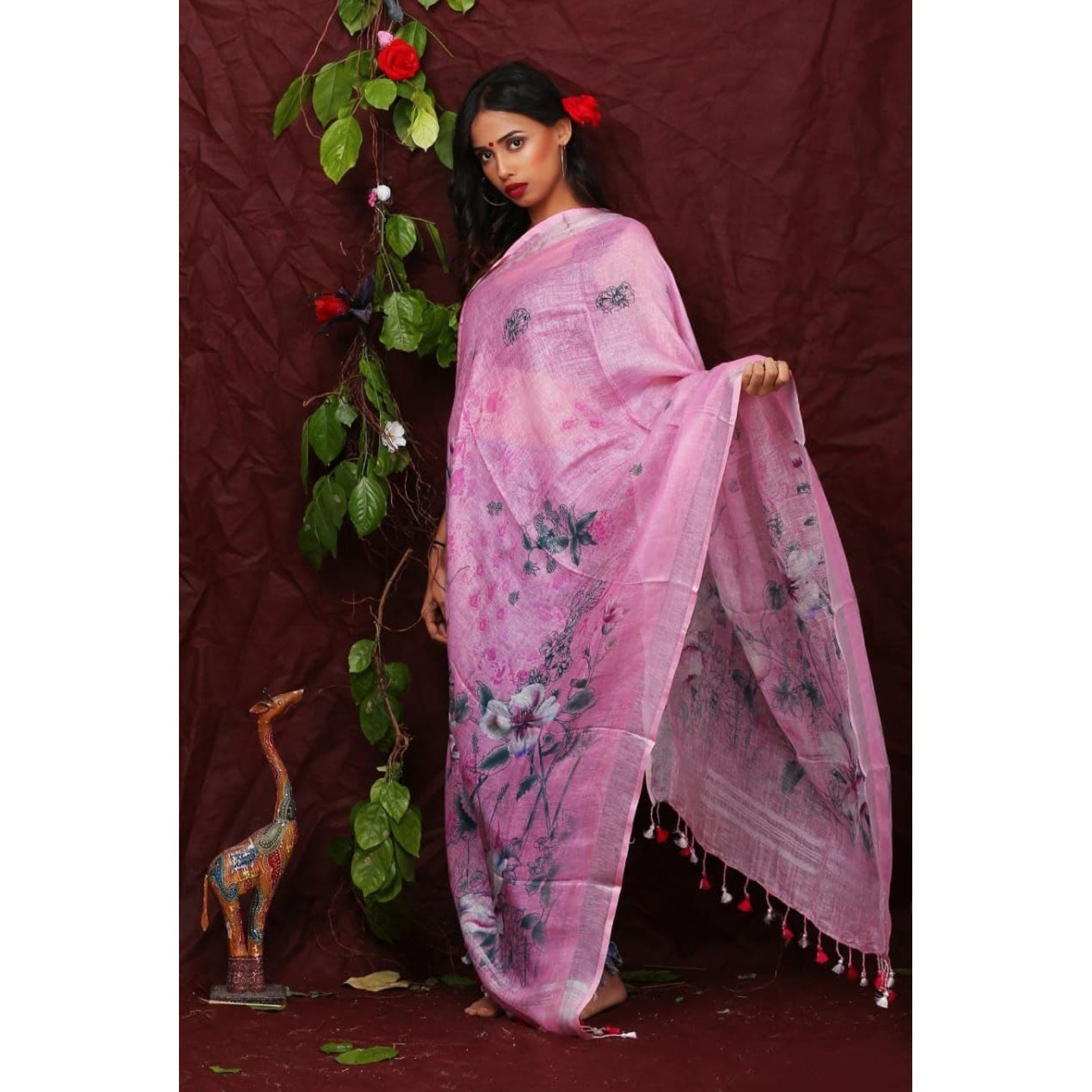 Light Pink Floral Digital Print Linen Dupatta 