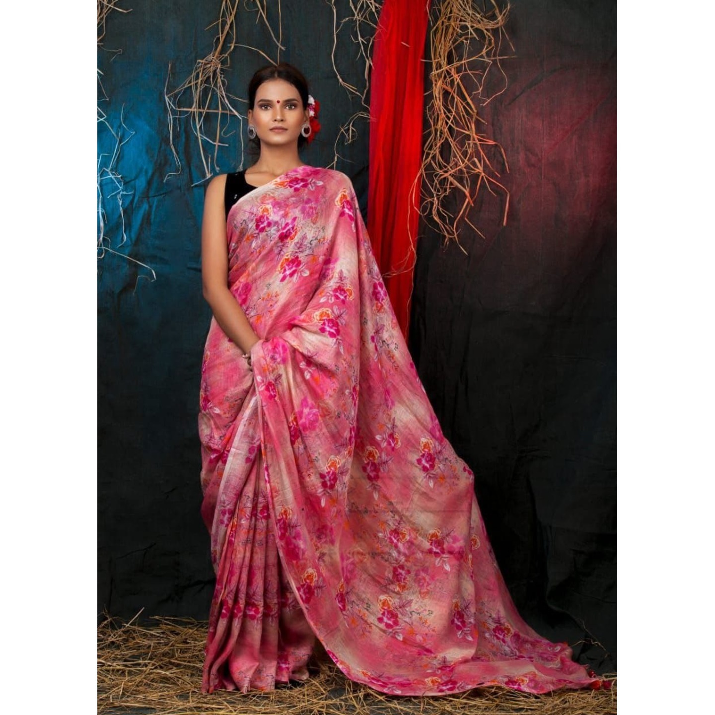 Pink Handwoven Floral Digital Print Linen Saree with Blouse Piece