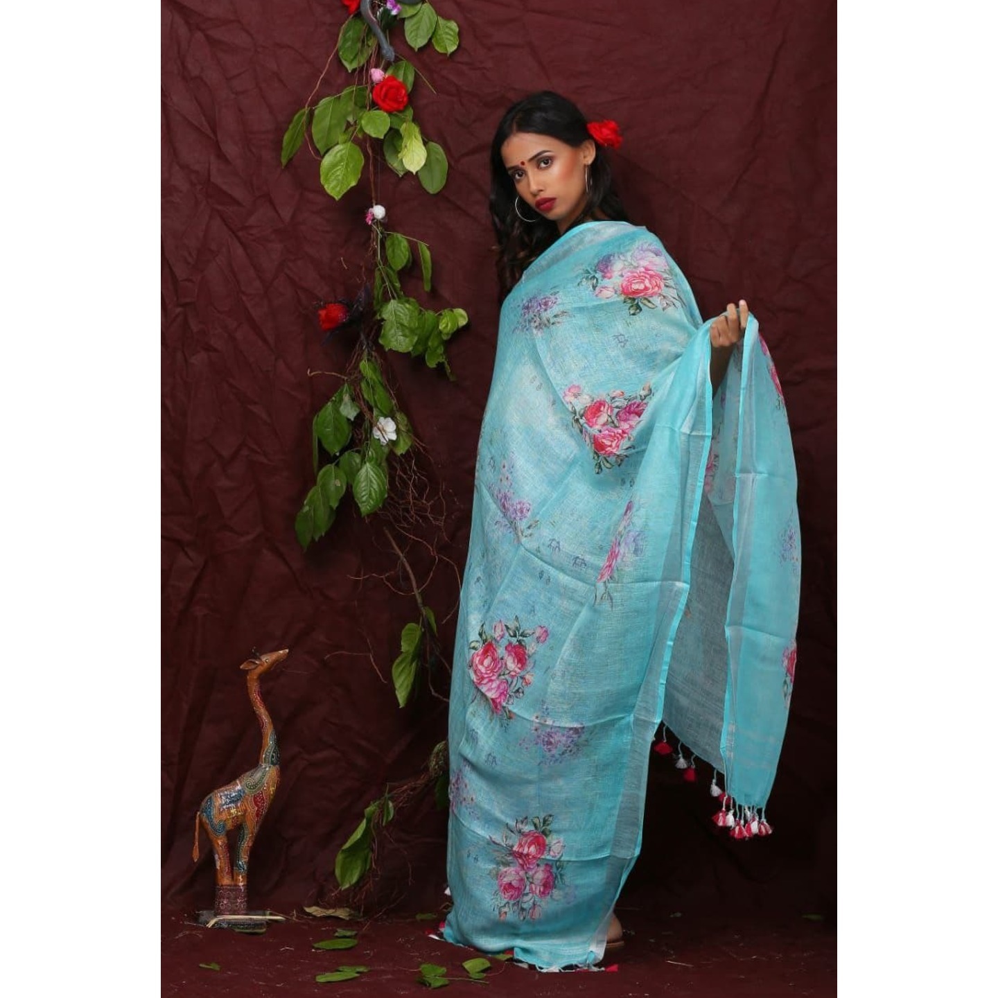  Deep Sky Blue Floral Digital Print Linen Dupatta
