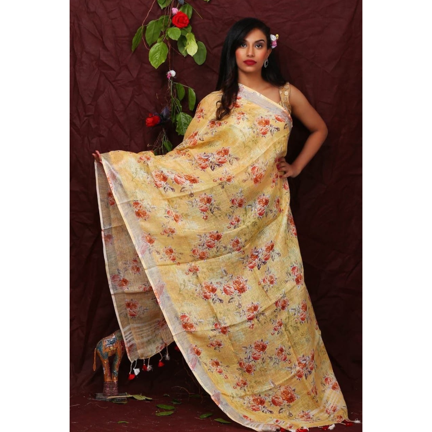 Light Yellow Floral Digital Print Linen Dupatta 