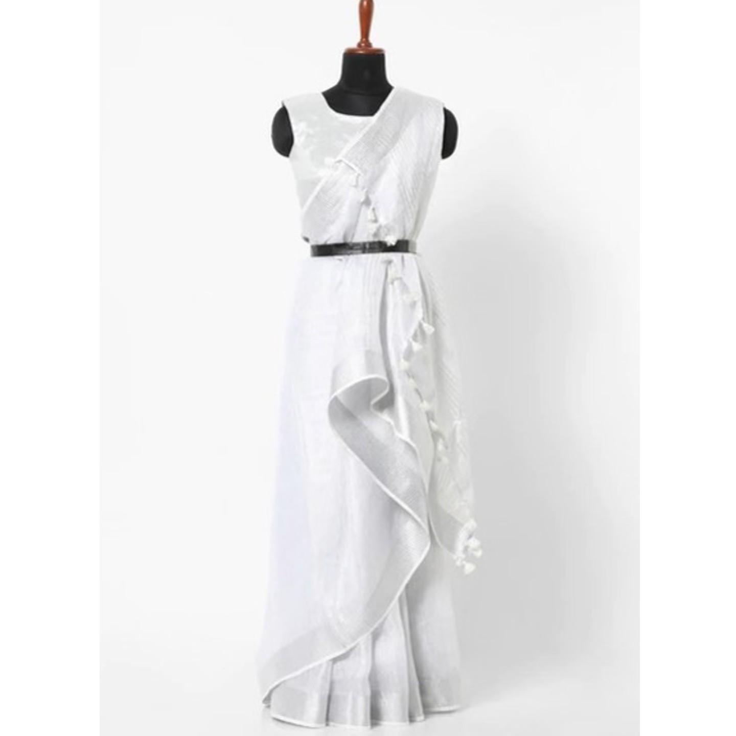 Beige white Handwoven Linen Tissue Saree