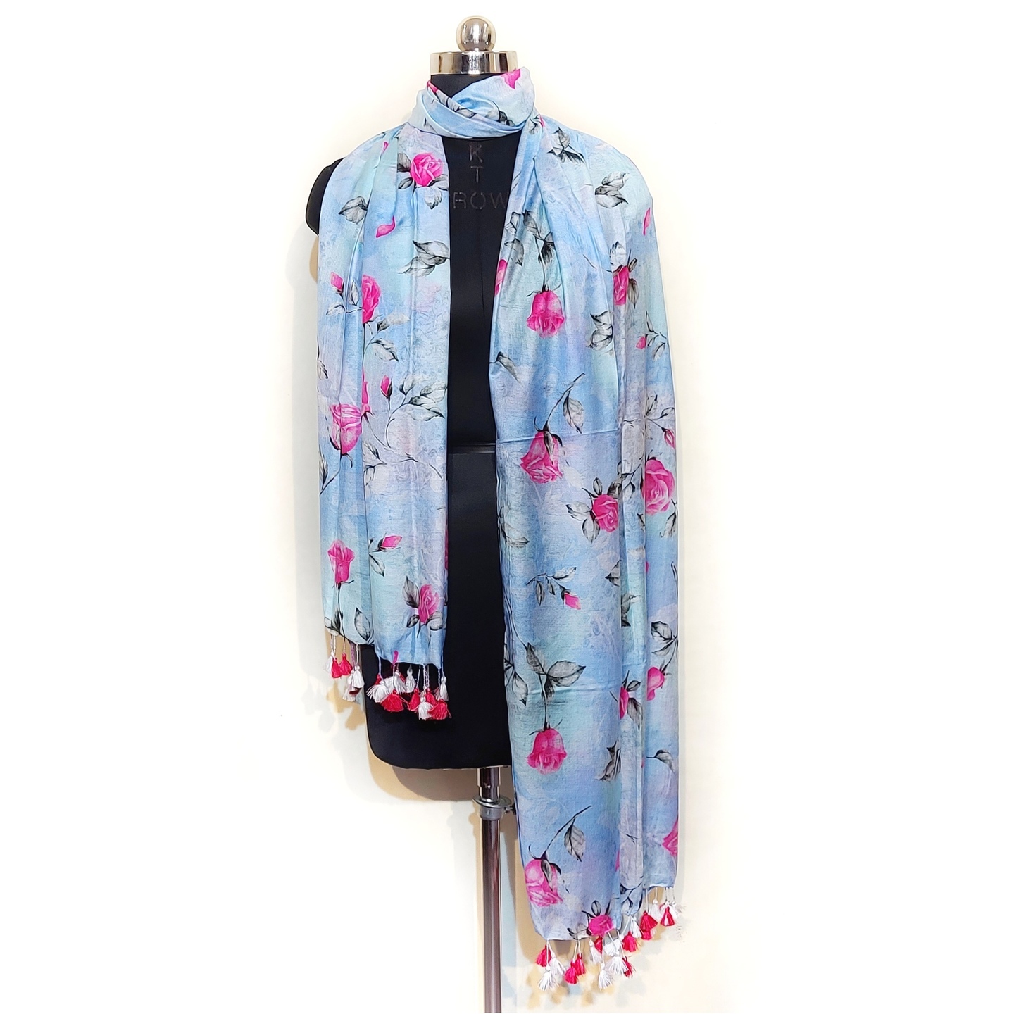 Sky Blue Floral Digital Print Semi Silk Dupatta