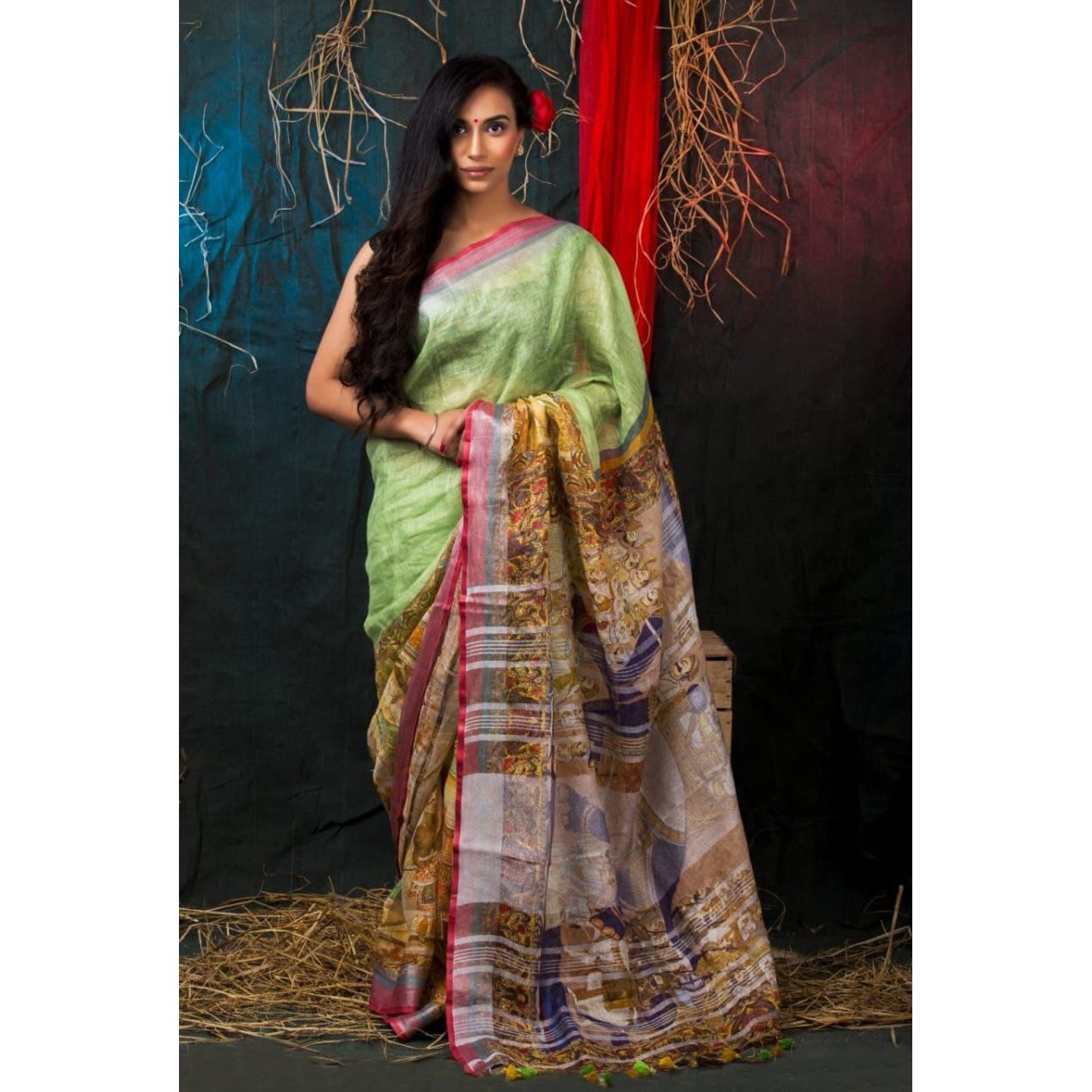 Pale Green Floral Digital Print Linen Saree 
