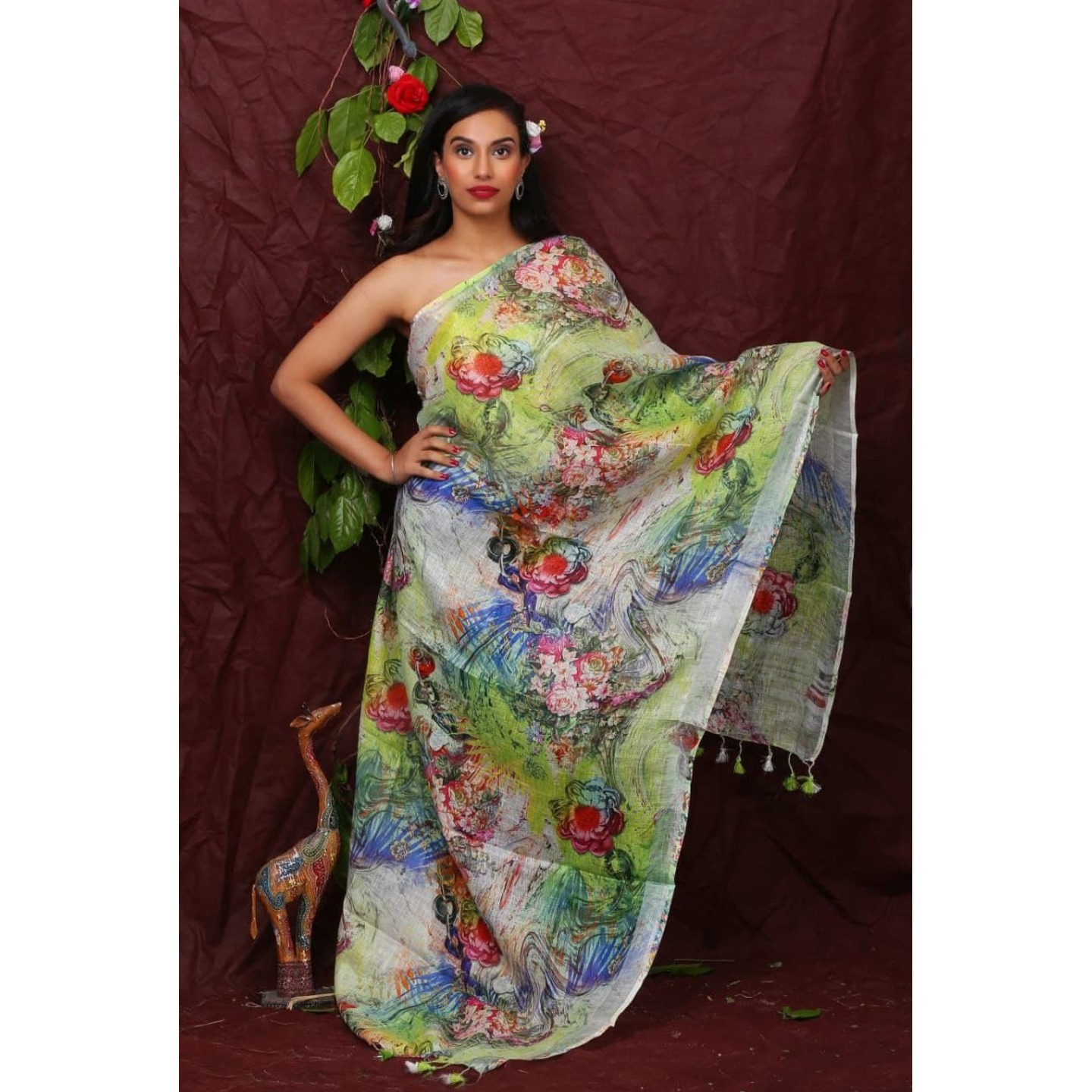 Multi Color Floral Digital Print Linen Dupatta 