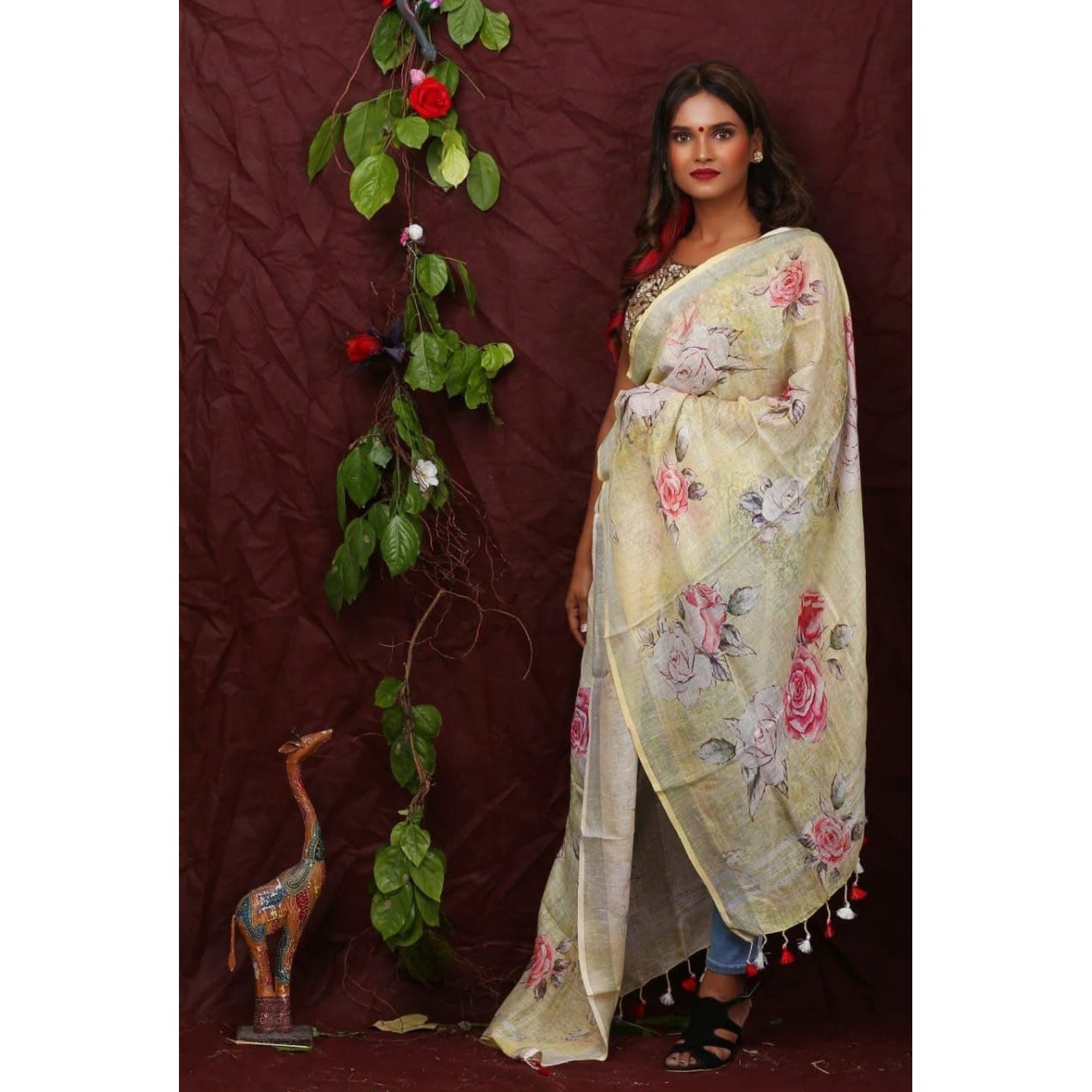Light Yellow Floral Digital Linen Dupatta