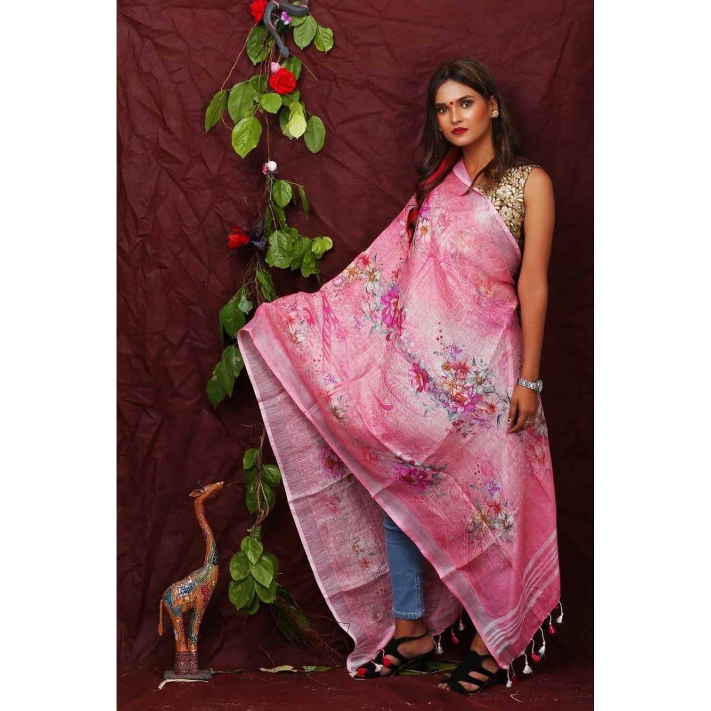 Rose Pink Floral Digital Print Linen Dupatta 