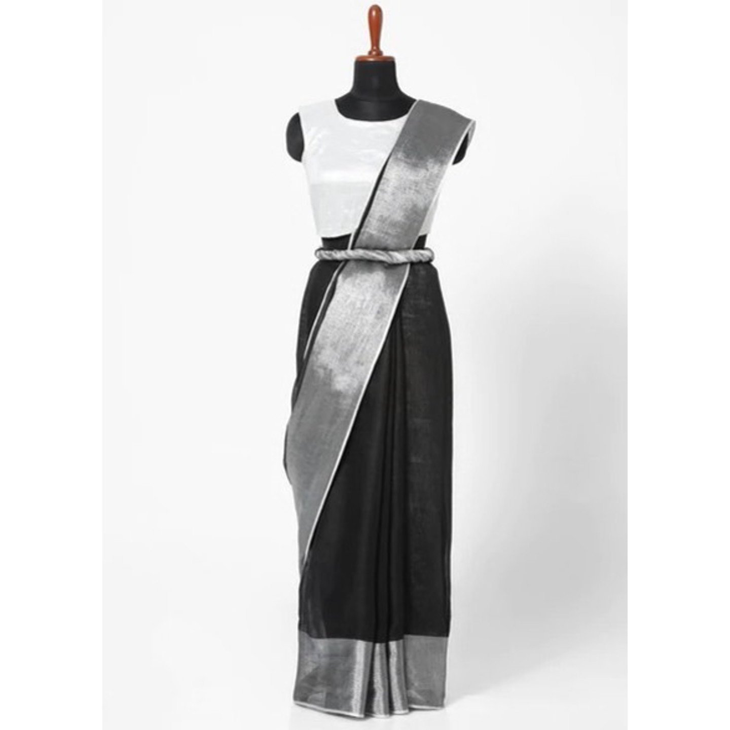Black Linen Saree with Silver Zari Border