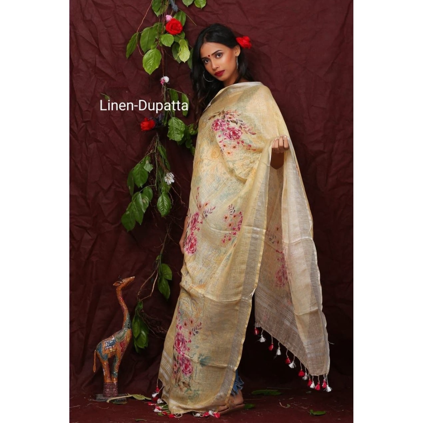 Light Golden-yellow Floral Digital Print Linen Dupatta 
