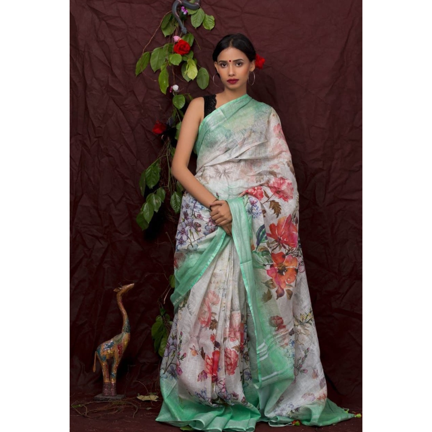 Multicolor Floral Digital Print Linen Saree with Contrast Border