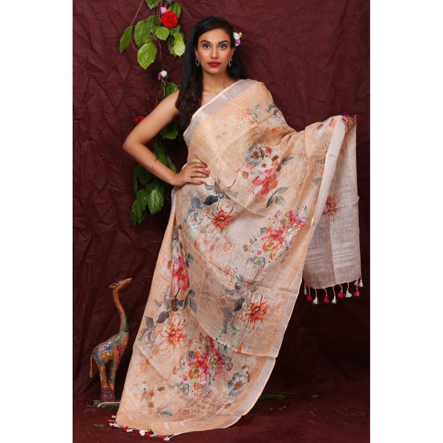 Peach Puff Floral Digital Print Linen Dupatta 