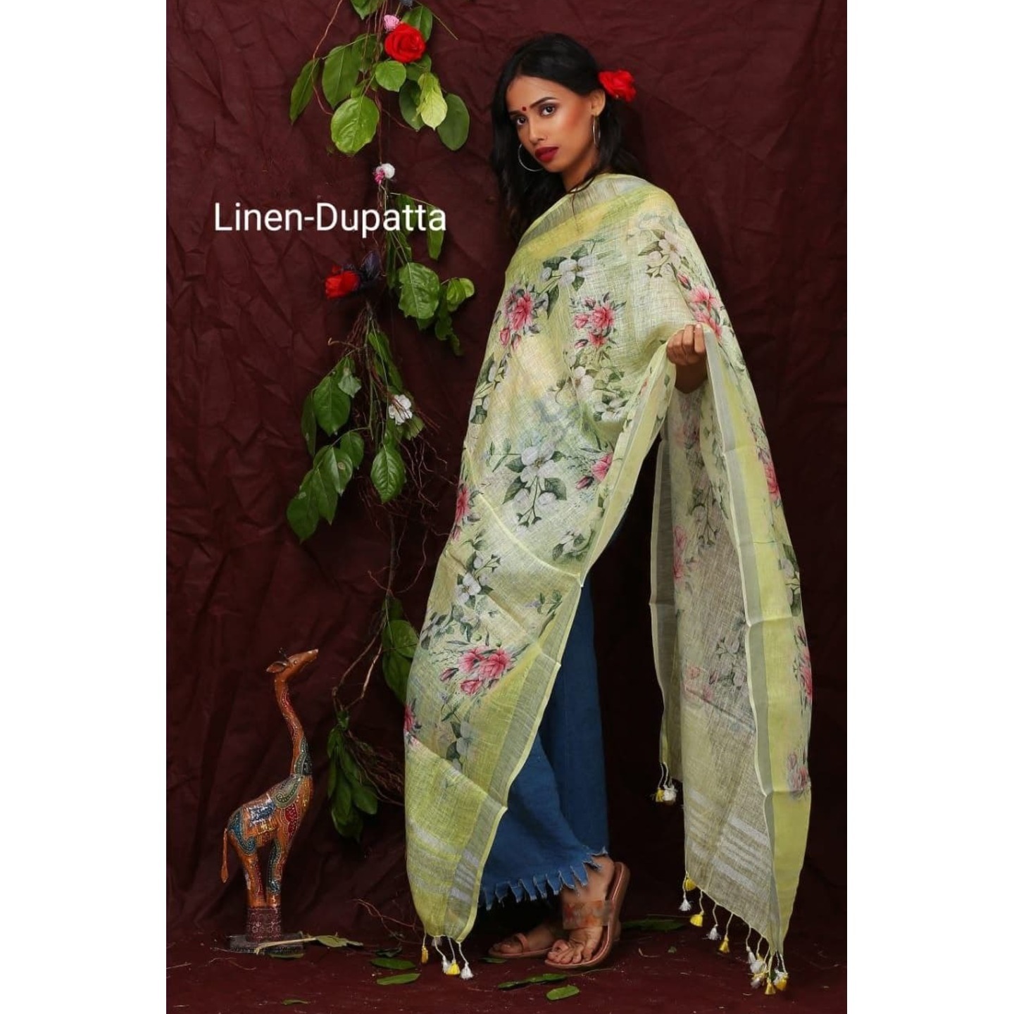 Yellow Floral Digital Print Linen Dupatta