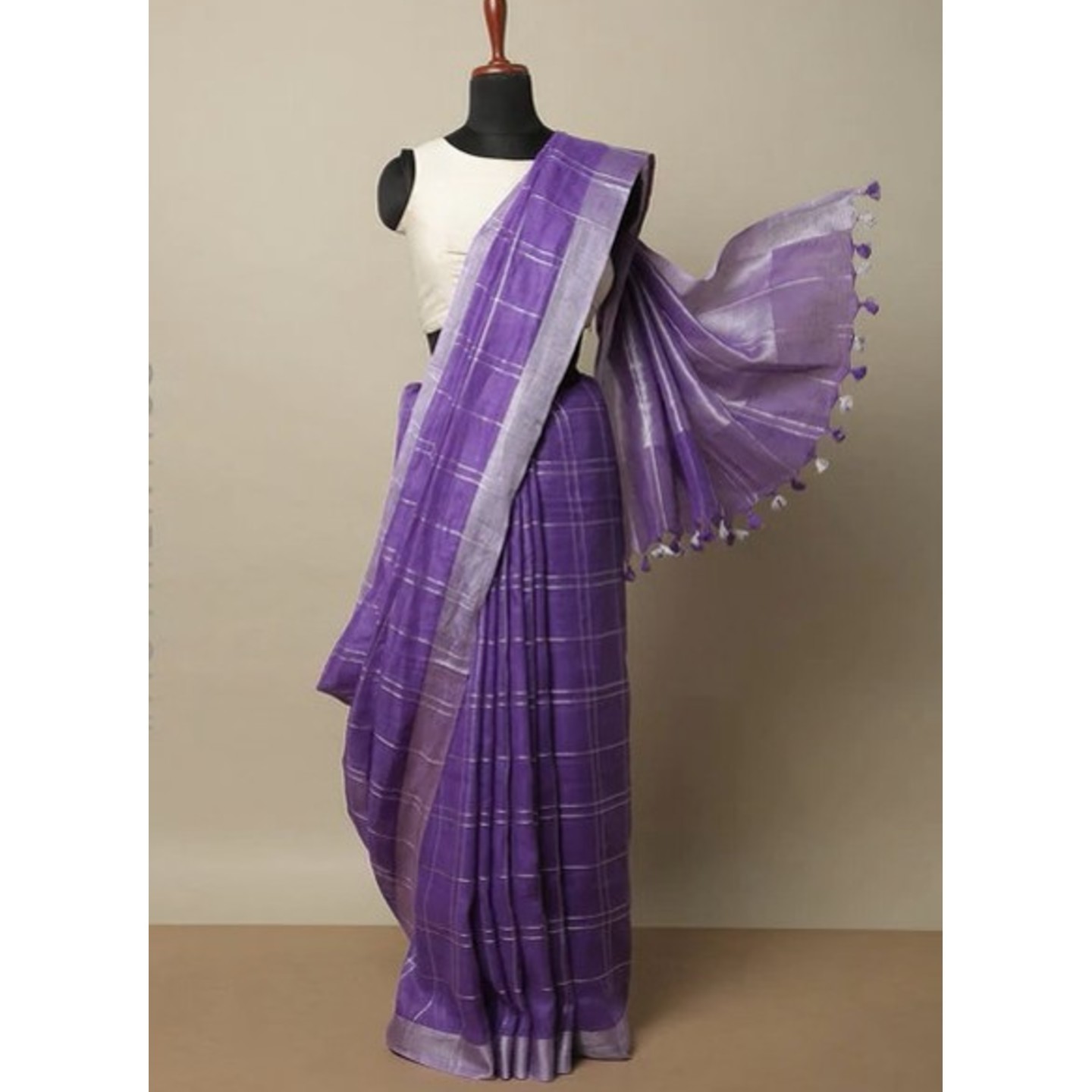 Purple Linen Saree with Silver Zari Checked