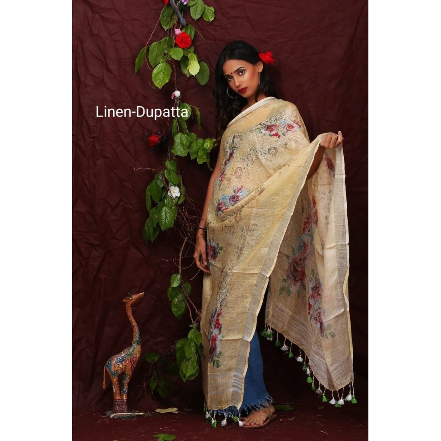 Cream Floral Digital Print Linen Dupatta