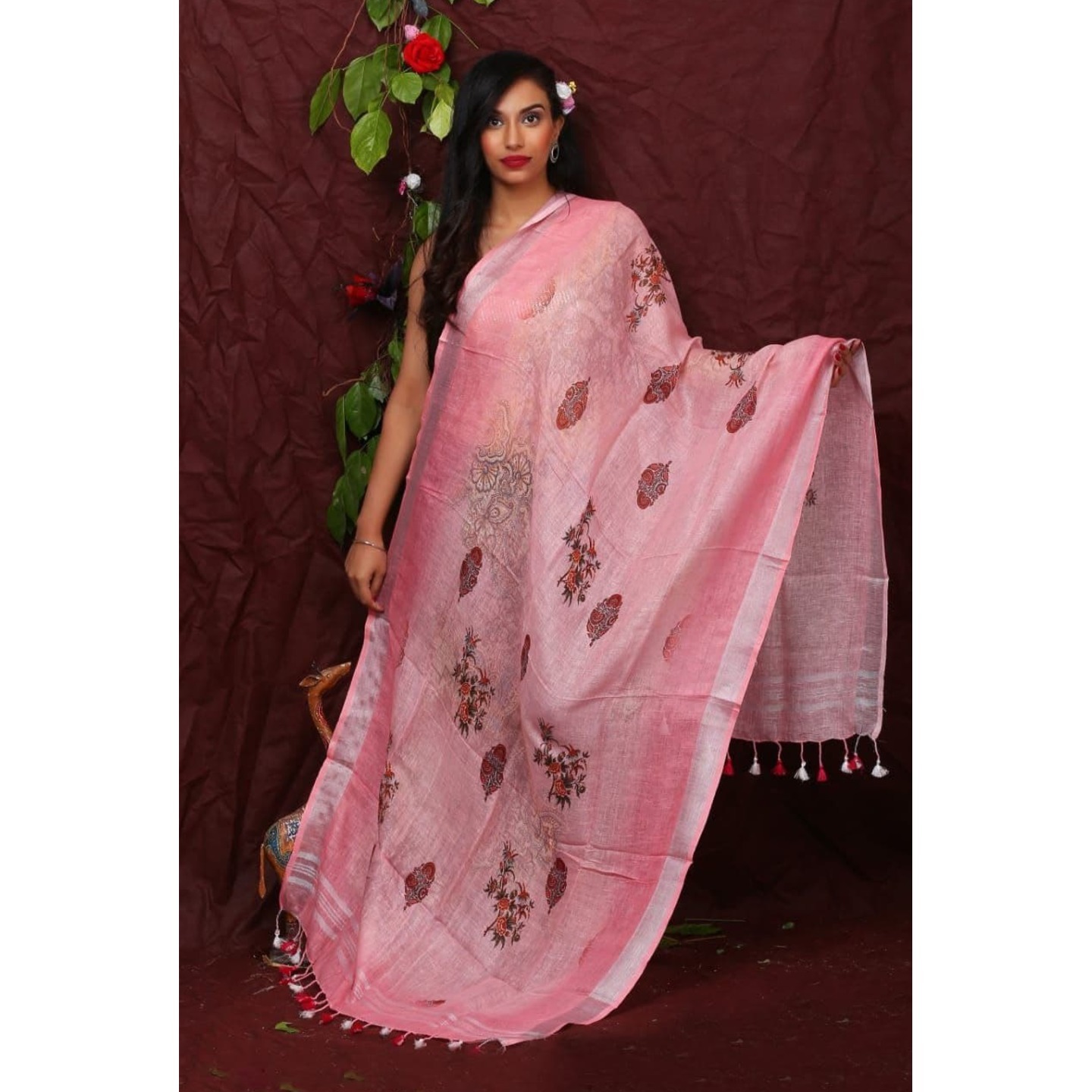 Light Pink Floral Digital Linen Dupatta