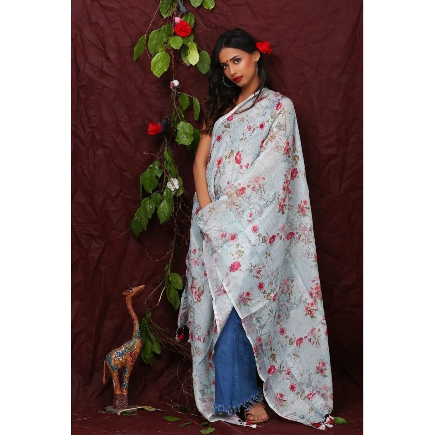 Light Sky Blue Floral Digital Linen Dupatta 