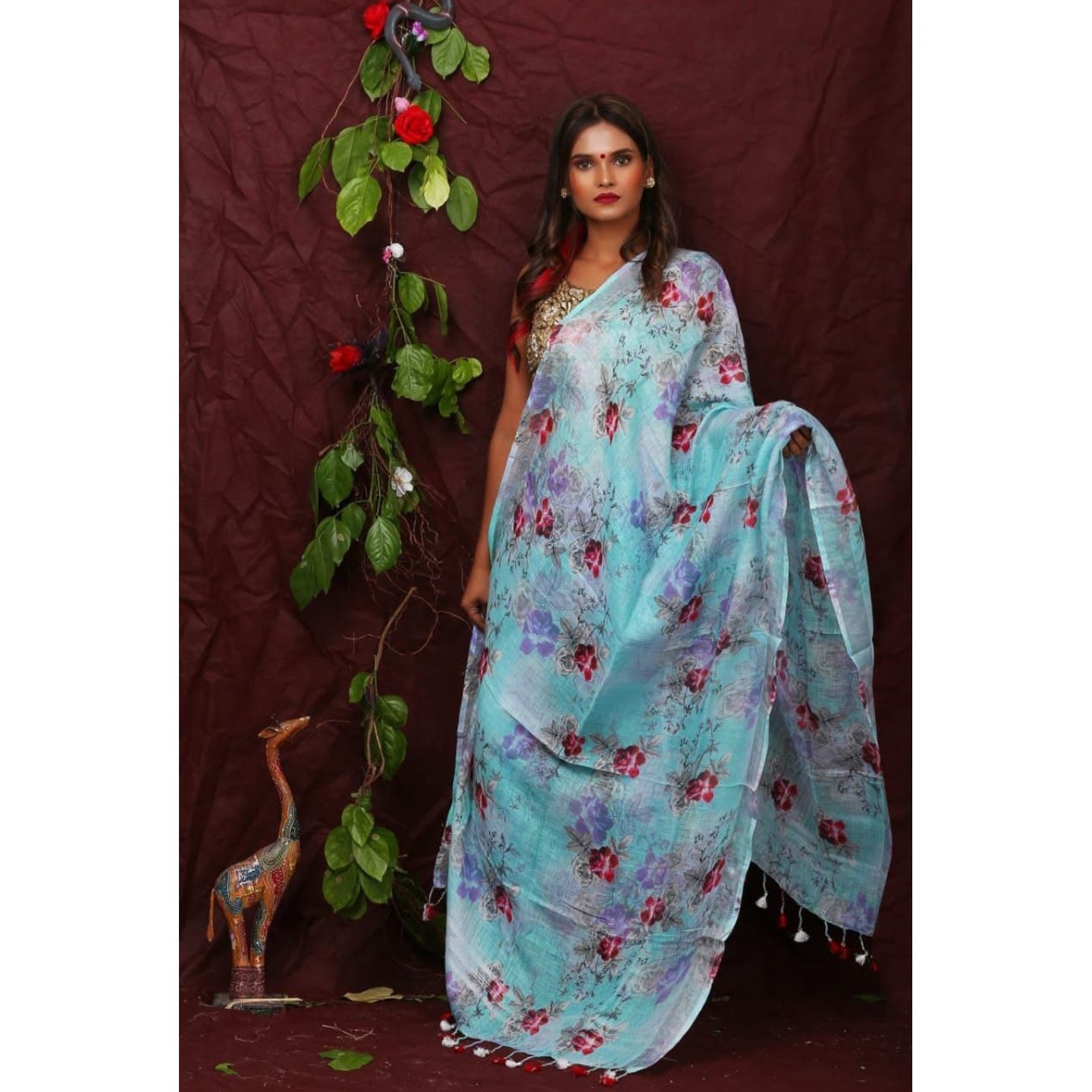 Aqua Floral Digital Print Linen Dupatta 
