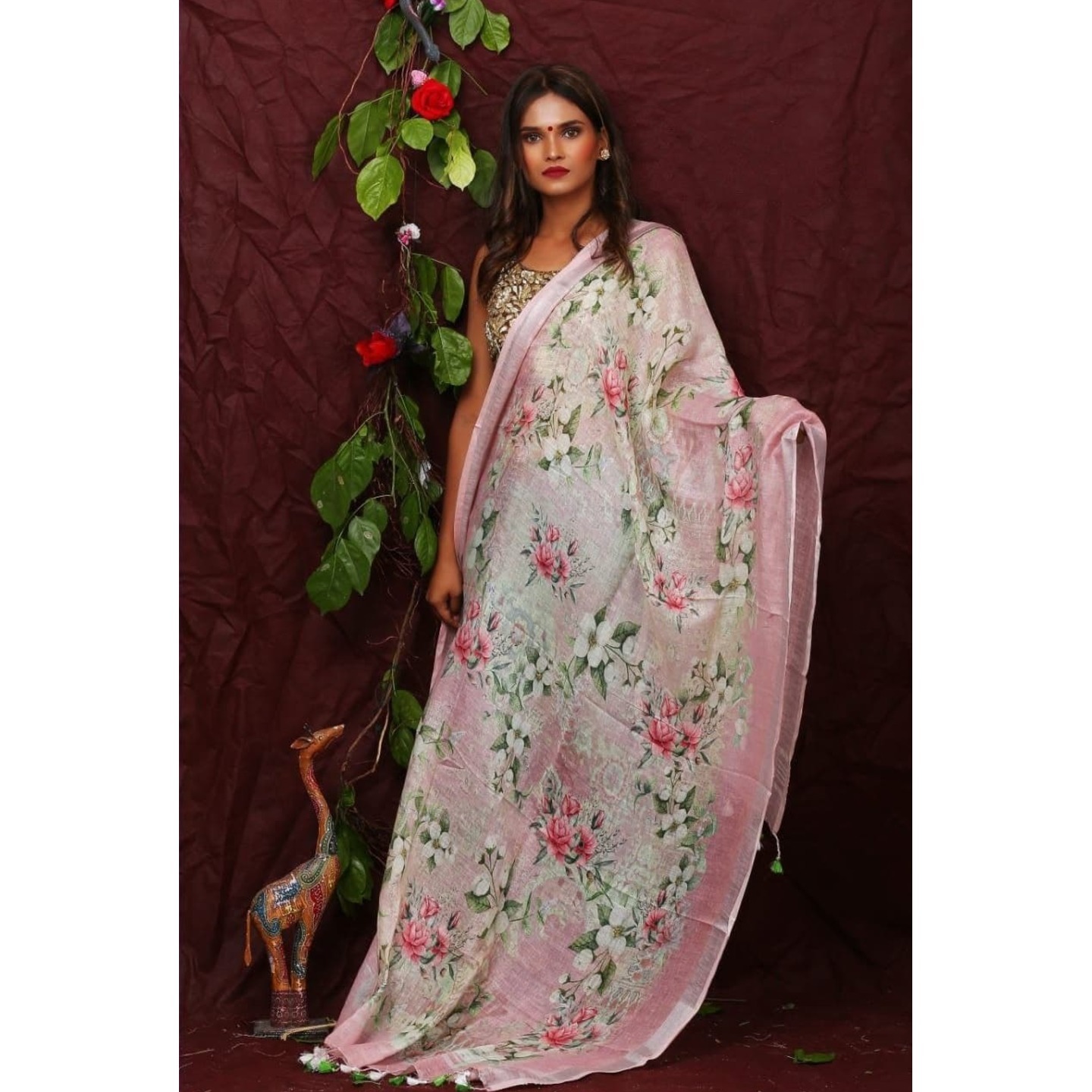 Misty Rose Floral Digital Print Linen Dupatta