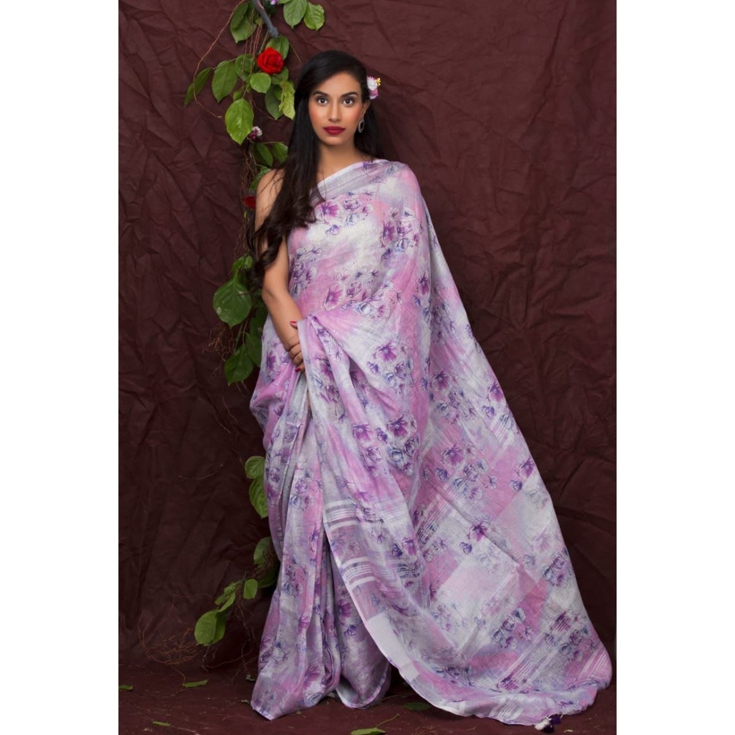 Violet Handwoven Floral Digital Print Linen Saree