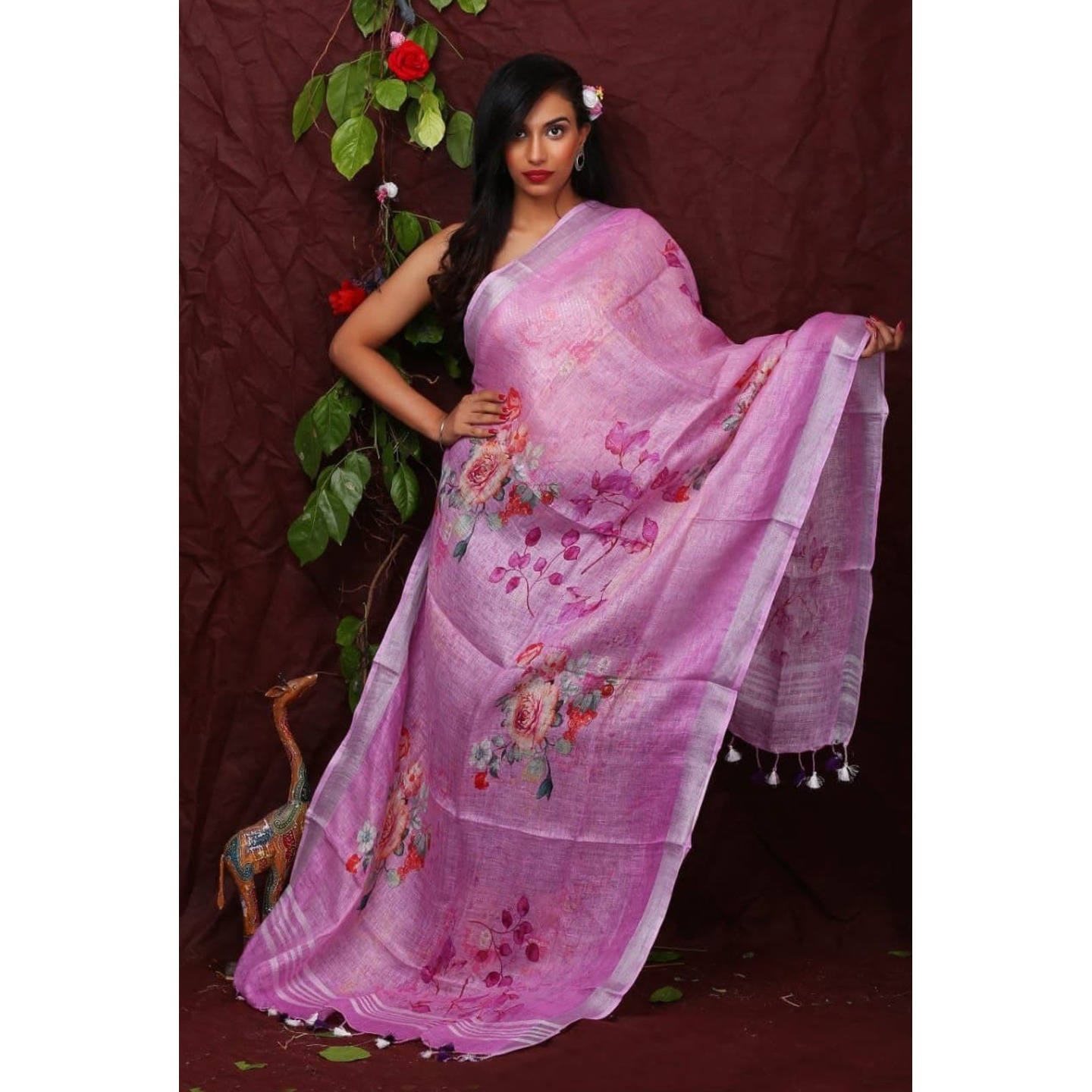 Violet Floral Digital Print Linen Dupatta