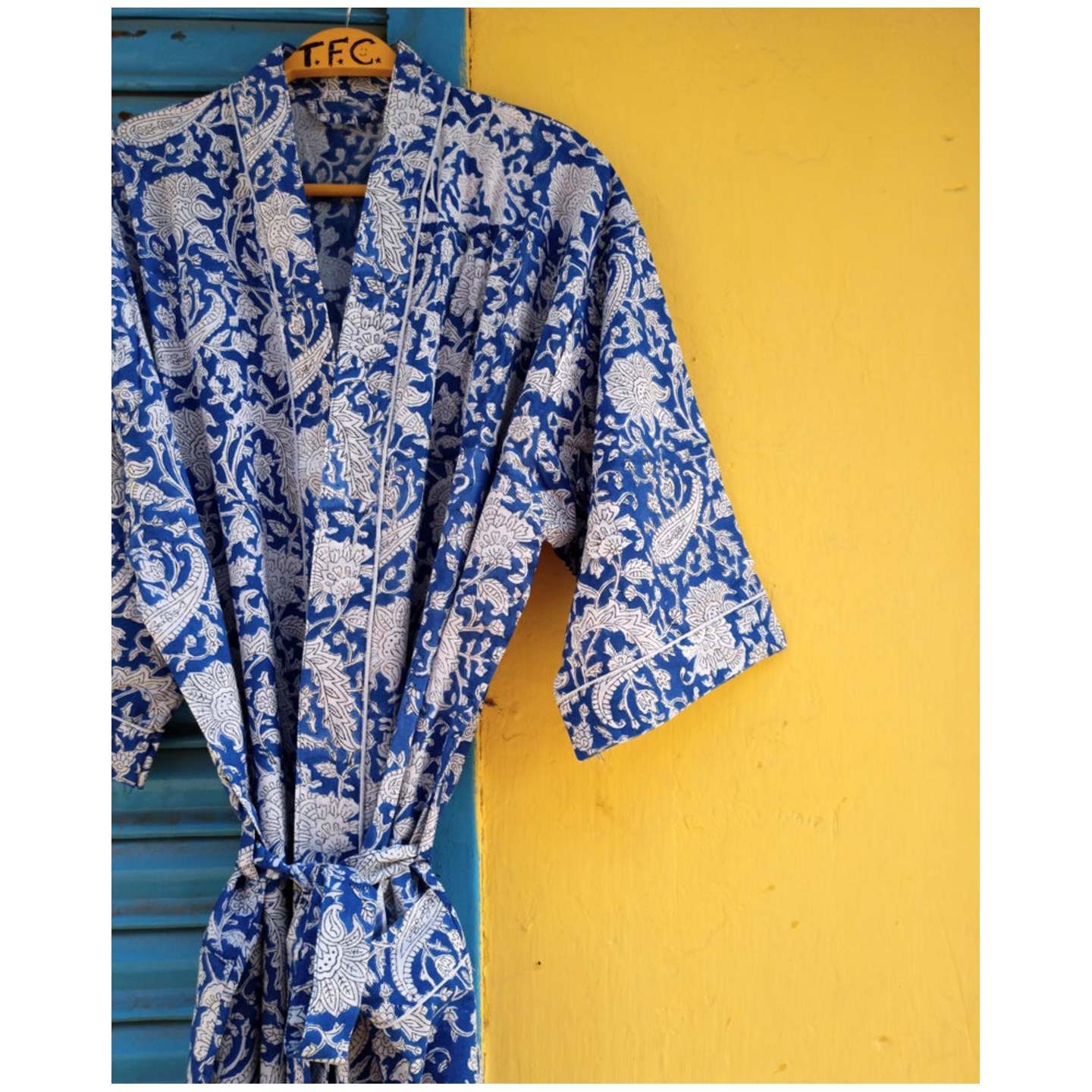 Blue Floral Print Cotton Robe, Hand Block Print Cotton Kimono, Womens Cotton Kimono Robes, Bridesmaid Robe Dressing Gown Bathrobes