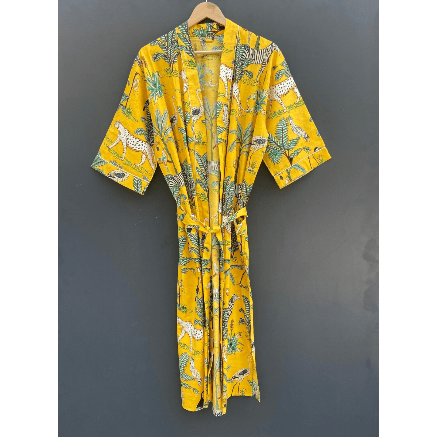 Beatuful Animal Print Kimono, Yellow Color Robe, Soft Cotton Kimono, Robe for Women, Beach Cover Up, Night Dress for Women.