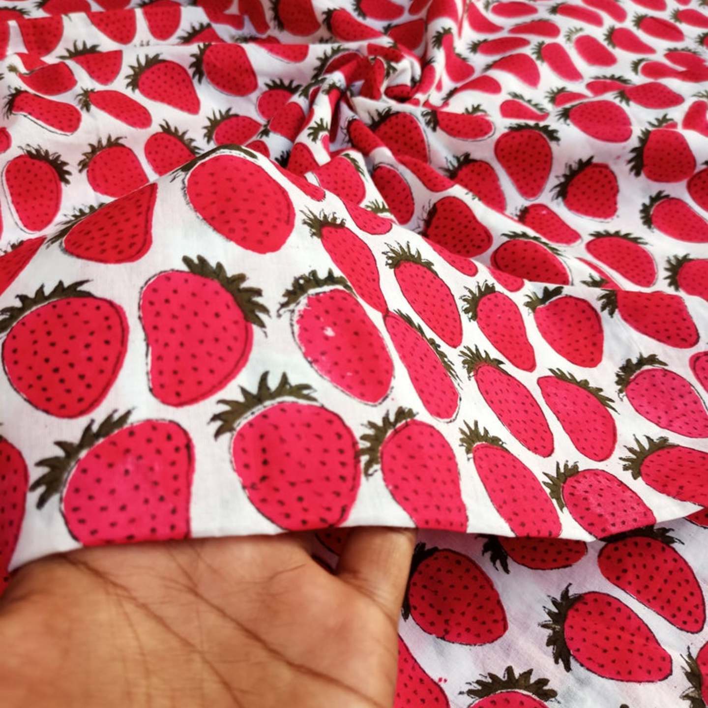 Strawberry Print Cotton Fabric, Block Print Fabric by Yard