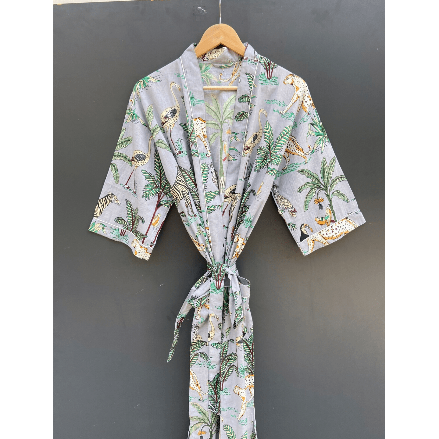 Beautiful Animal Print Cotton Kimono, Gray Color Cotton Robe, Women's Night Cover Up Robe, Bathrobe for Women, Soft Cotton Kimono, Light Weight Cotton Robe
