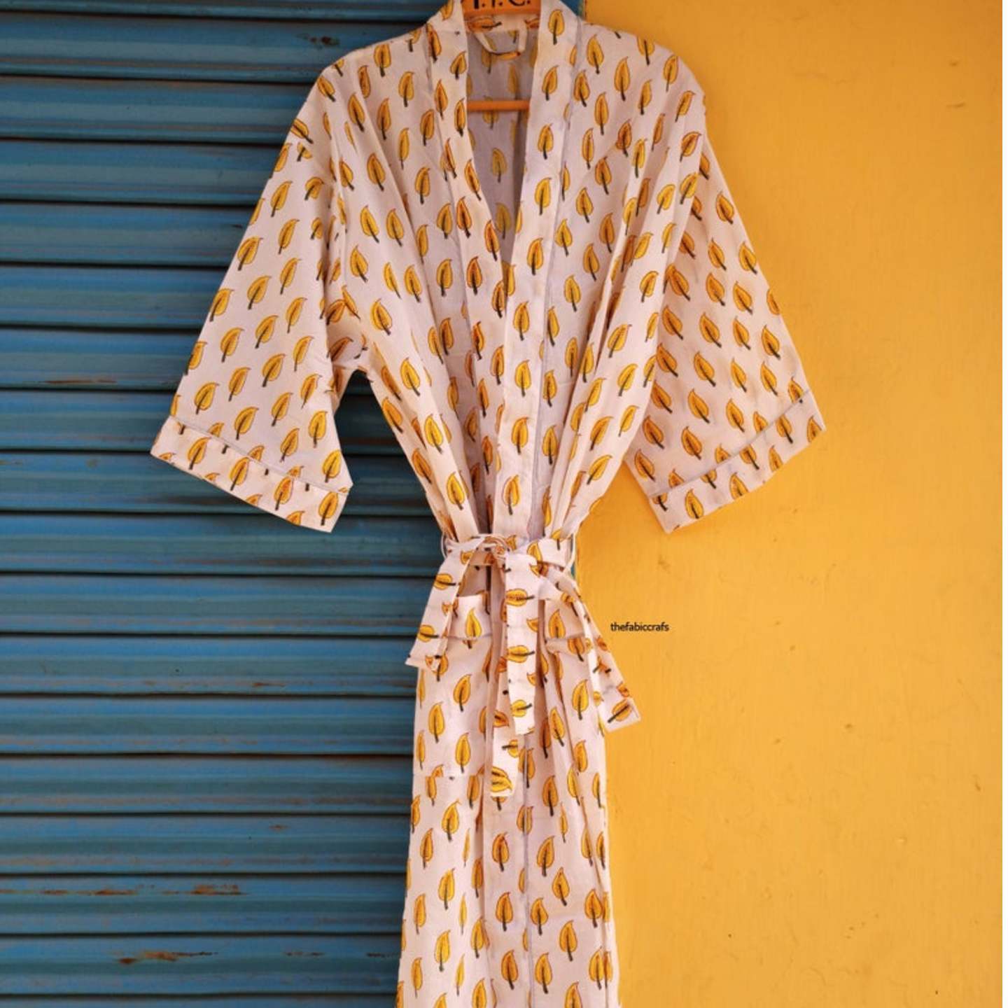 Leaf Print Cotton Robe, Block Print Cotton Kimono, Yellow Color Night Wear, Women's Night Robe