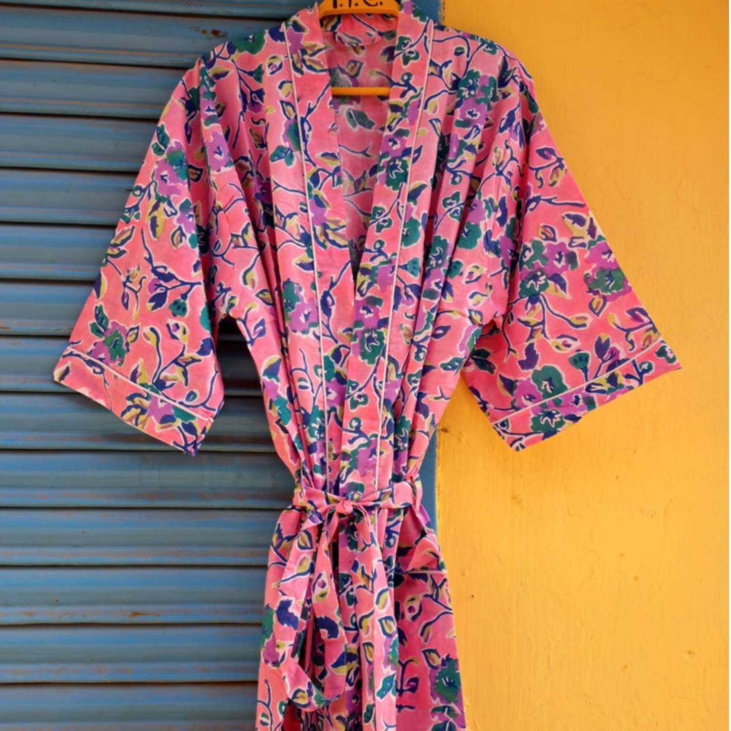 Block Printed Pink Robe, Floral Print Robe, Cotton Kimono Robe, Long Kimono, Dressing Gown, Bridesmaid Robes, Bridesmaid Gift Christmas Gift