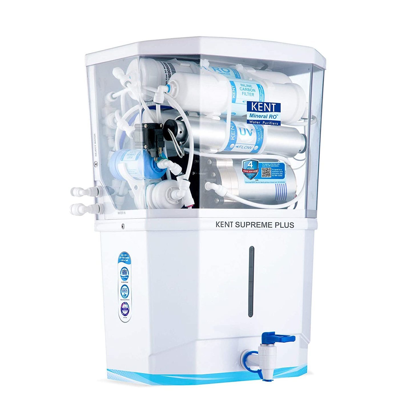 KENT Supreme Plus 2020 (11112), Zero Water Wastage, Wall Mountable, RO + UV + UF + TDS Control + UV in Tank, 8 L Tank, White, 20 LPH Water Purifier