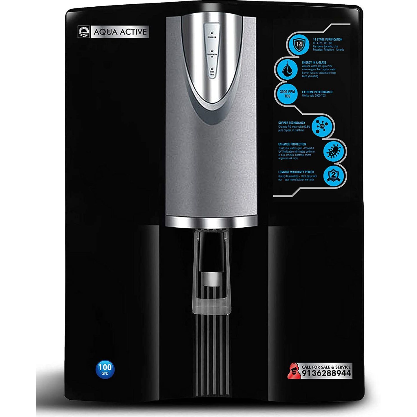 RO+UV+UF+MAT 100gpd Misty, 10 Liters, 14 Stage Alkaline Mineral Water Purifier with Upto 3000 TDS, Black