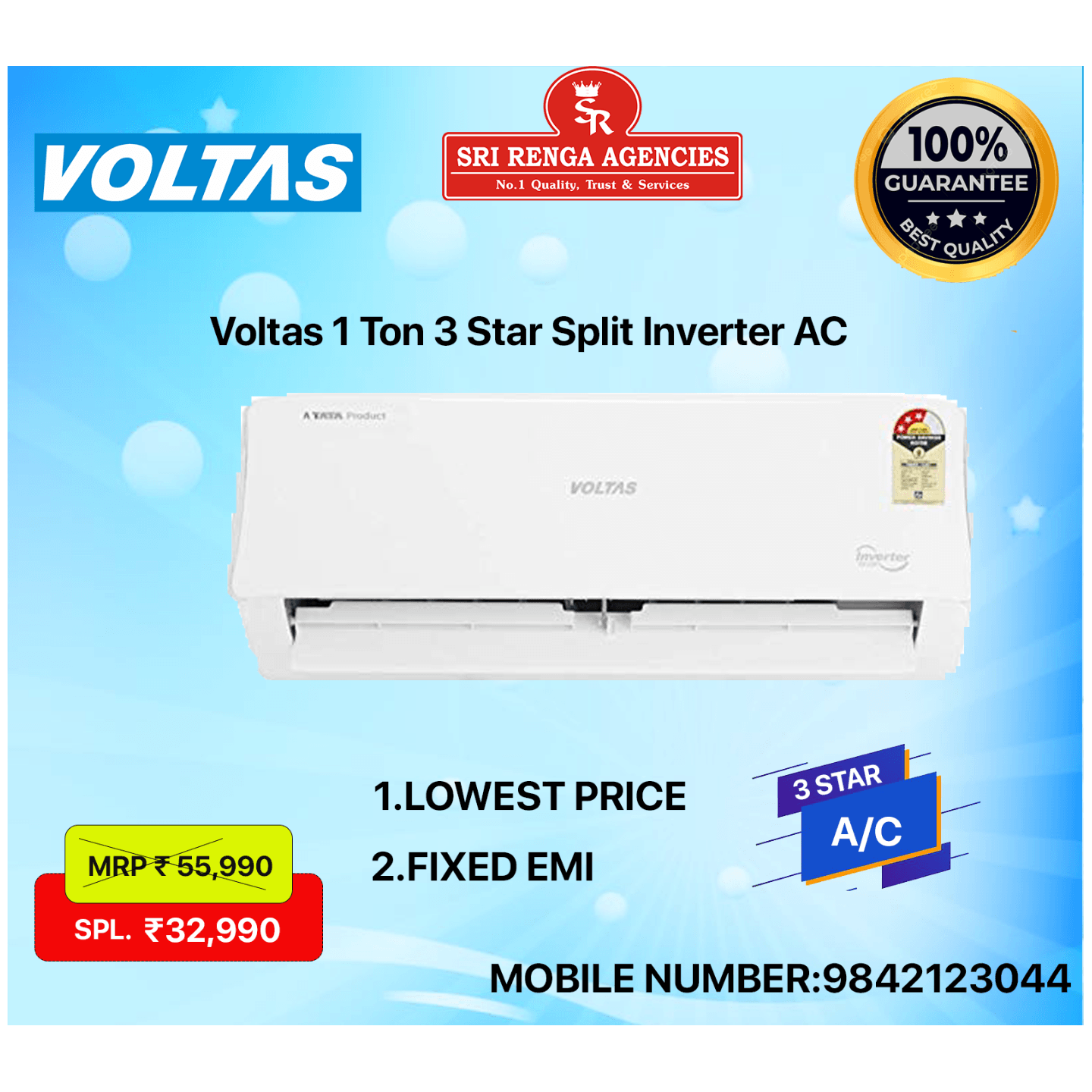 Voltas 1 Ton 3 Star Split Inverter AC - White  123V Vectra Elit,Copper Condenser