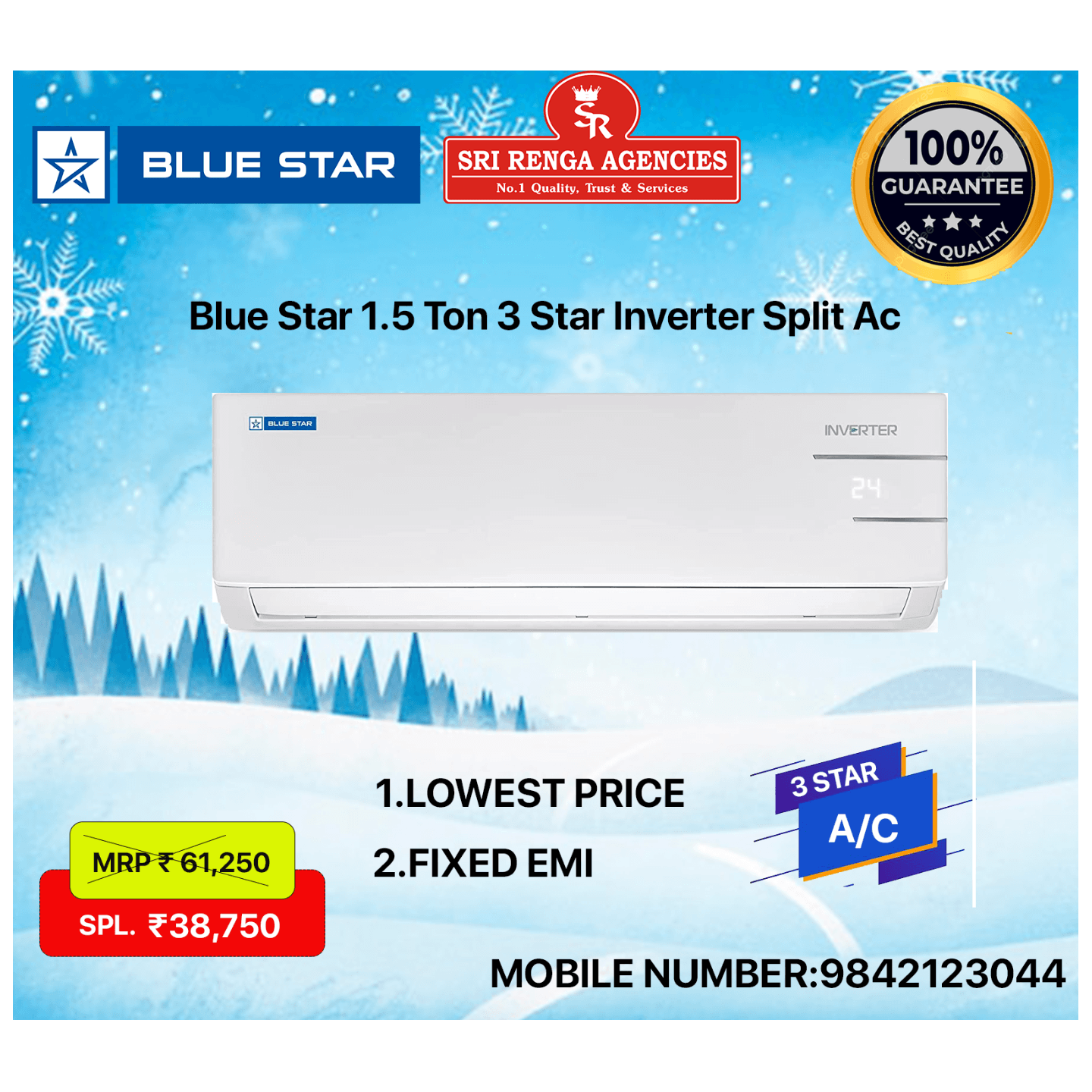 Blue Star 1.5 Ton 3 Star Inverter Split Ac ( White)