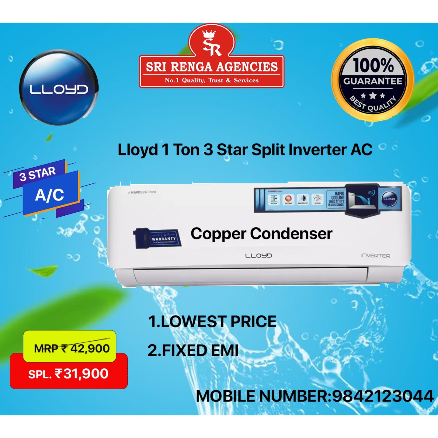 Lloyd 1 Ton 3 Star Split Inverter AC - White  (LS12I32WSEL, Copper Condenser)