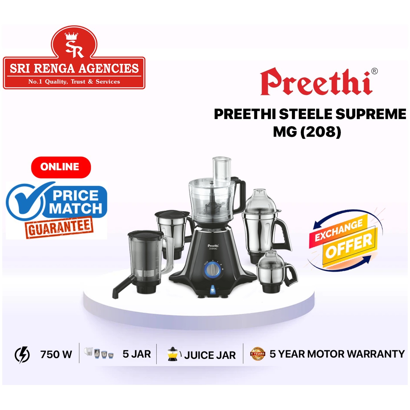 Preethi Steel Supreme MG-208 mixer grinder, 750 watt Silver Black, 4 jars - Super Extractor juicer Jar, Vega W5 motor with 5yr Warranty & Lifelong Free Service