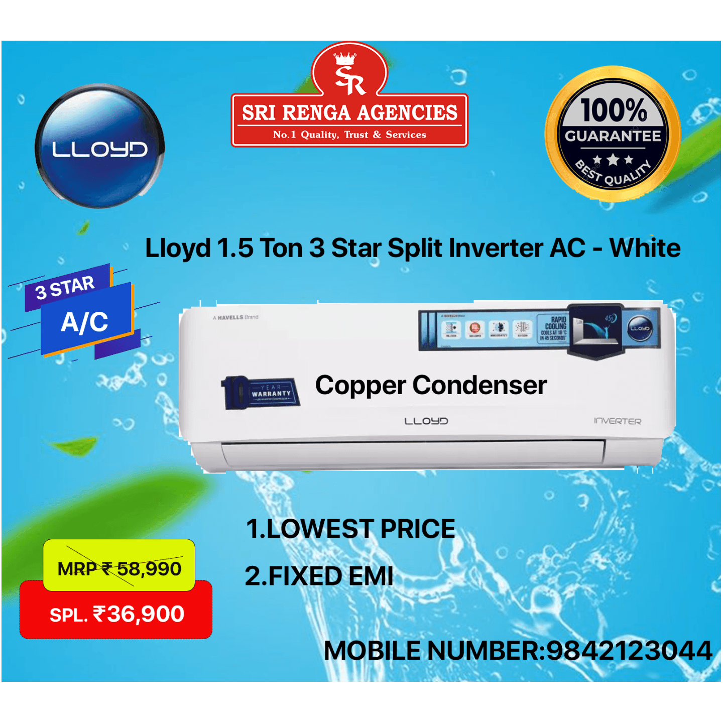 Lloyd 1.5 Ton 3 Star Split Inverter AC - White  (GLS18I3FWAEV, Copper Condenser)