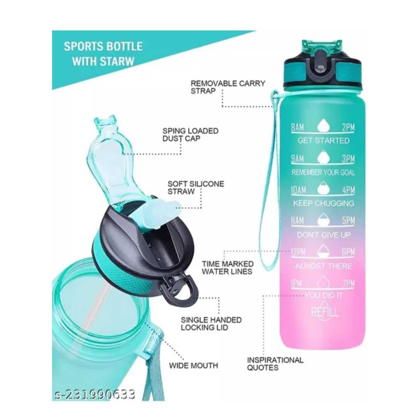 Unbreakable Water Bottle With Motivational Time Marker Leak Proof Sipper Bottle With Straw Durable BPA Free Non - Toxic For office, School, Gym, Home, Camping, Travelling, Birthday return gifts - 1 litre