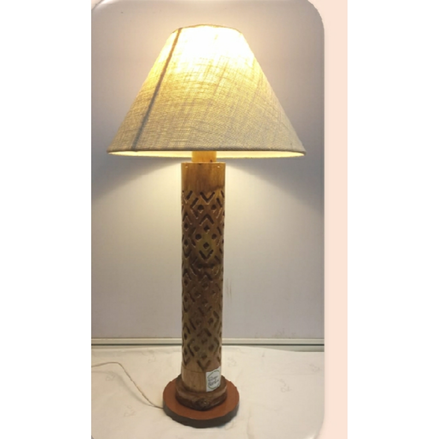 Lamp with diamond-shaped engraved post, eco friendly products, home decor, bamboo products, lamp shade, lamp stand, wood lamp