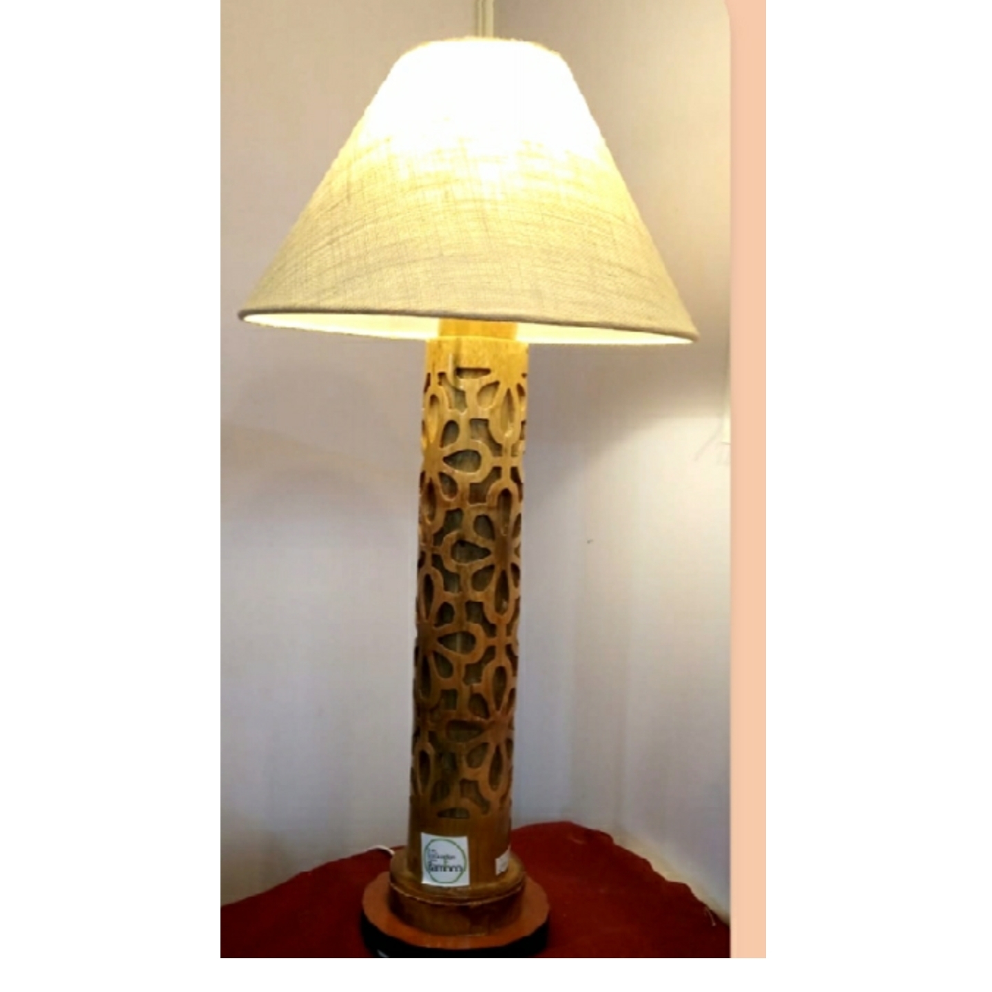 Lamp with flower-shaped engraved post, eco friendly products, home decor, bamboo products, lamp shade, lamp post, lamps for home, wood lamps