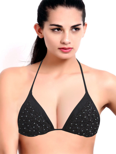 Front All Shinny Black Beads Tri Halter Bikini Bra